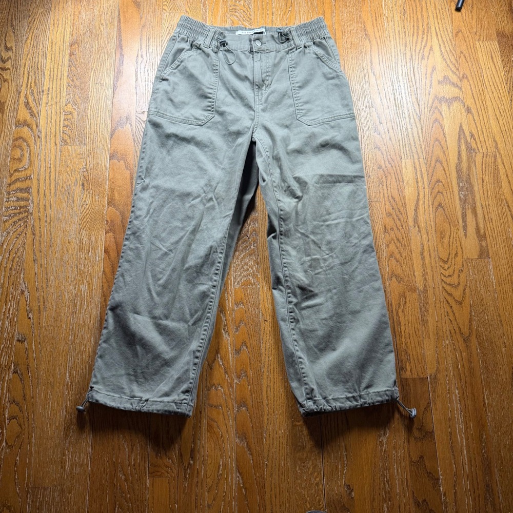 Y2K Olive Green Utility Cargo Pants Womans Large Elastic Waist Toggle Hem Baggy